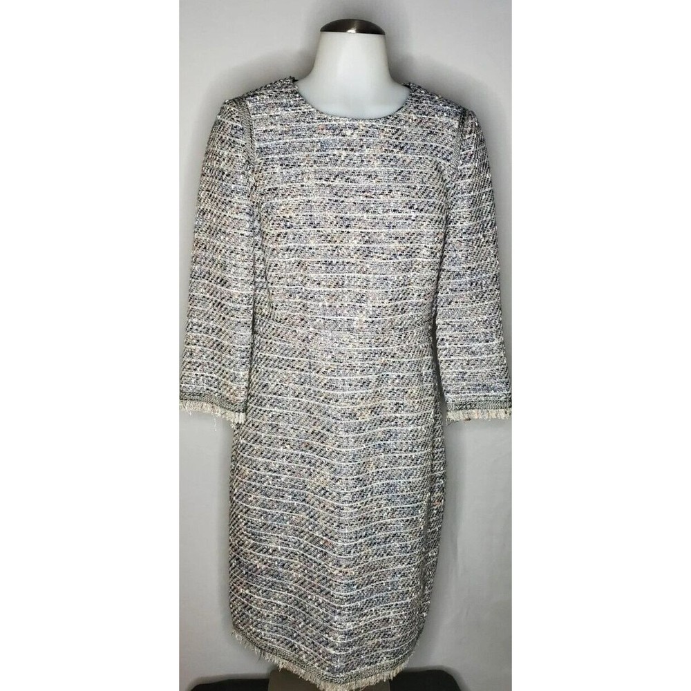 J. Crew Navy Blue Gray Multicolor Tweed Fringe Trim Pencil Dress Size 6